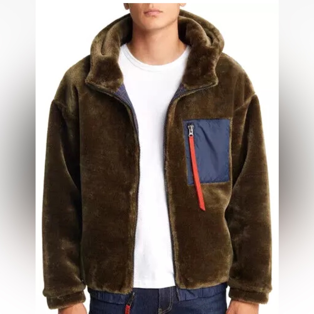 UGG Kairo Logo Reversible Faux Fur Hooded Zip Jacket Burnt Olive Unisex (Sz L)